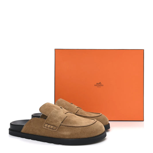 Hermes Suede Calfskin Mens Go Mules